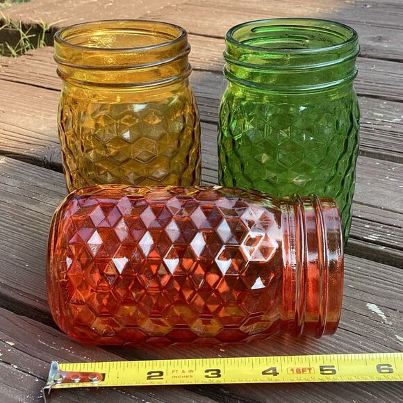 Set 3 Diamond-Quilt Glass Mason Jars – Orange, Green, Amber – 5.5in - Picture 3 of 3